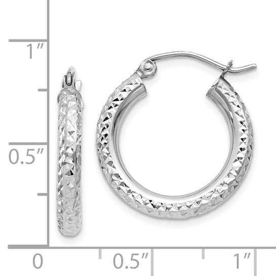 14k White Gold Round Diamond Cut Hoops (3mm x 20mm)