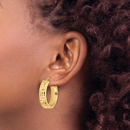 Aretes de Aro con Patrón Azteca Texturizado en Oro Amarillo de 14K Pulidos