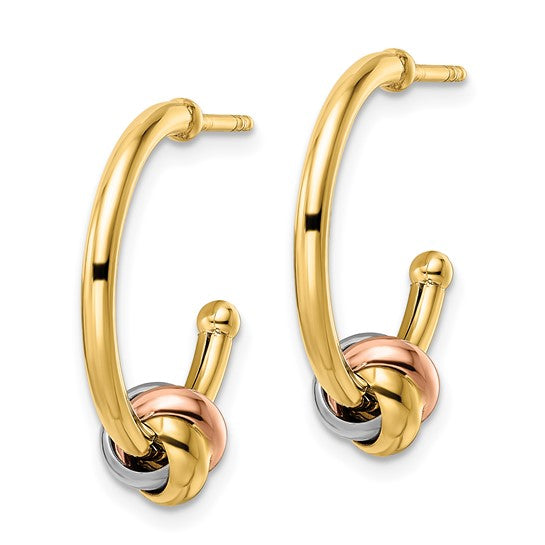 14K White and Rose Gold with Yellow Rhodium Knot J-Hoop Hoop Earrings