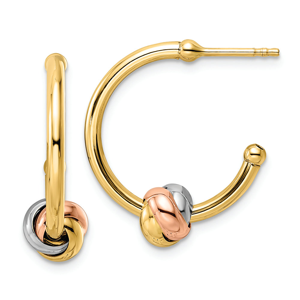 14K White and Rose Gold with Yellow Rhodium Knot J-Hoop Hoop Earrings