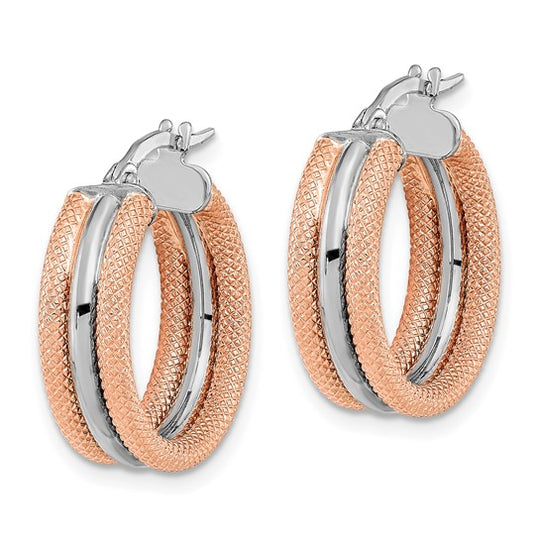 Textured and Polished Hoop Earrings in 14K White Gold with Rose Rhodium