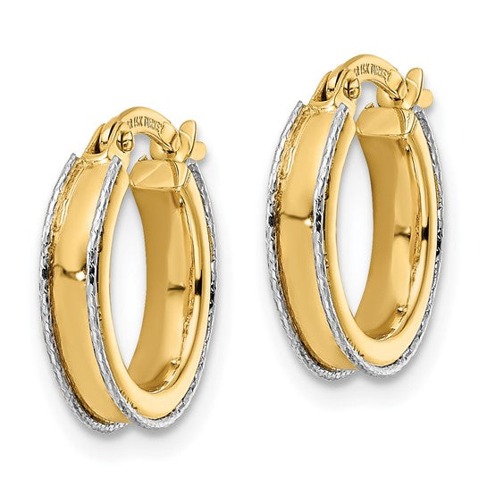 Aretes Redondos de Oro Bicolor de 14k con Borde de Corte Diamante (3x14mm)