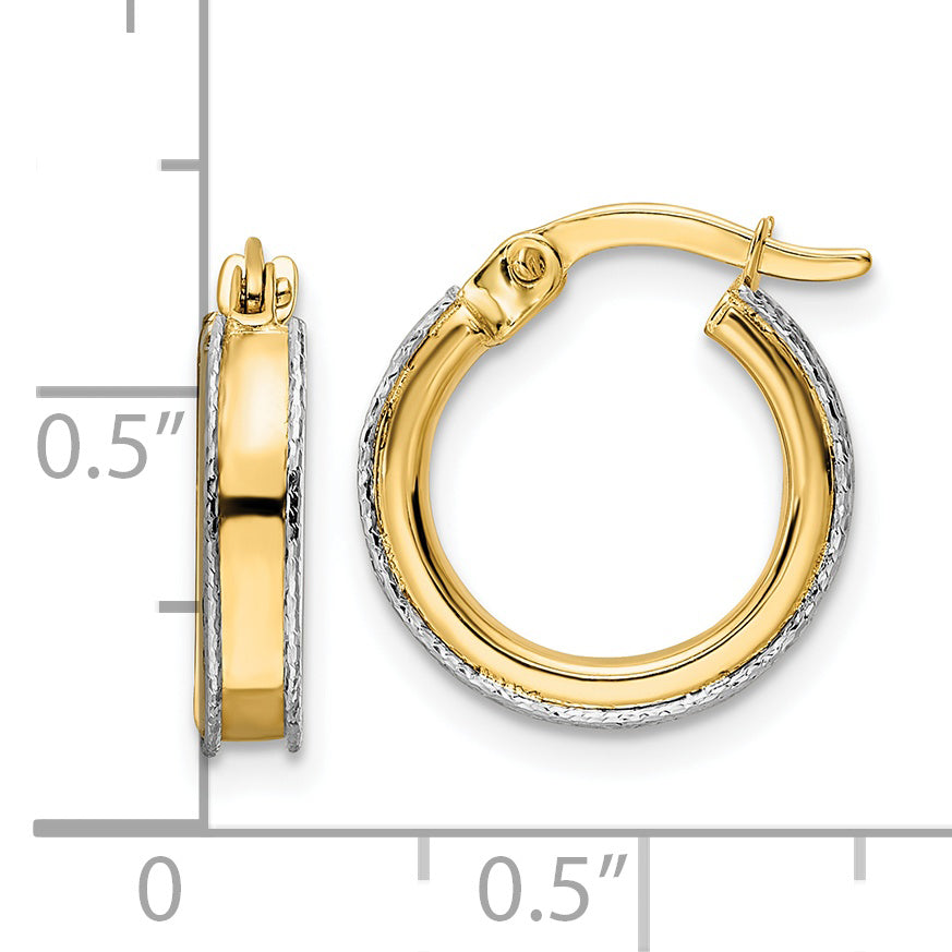 Aretes Redondos de Oro Bicolor de 14k con Borde de Corte Diamante (3x14mm)