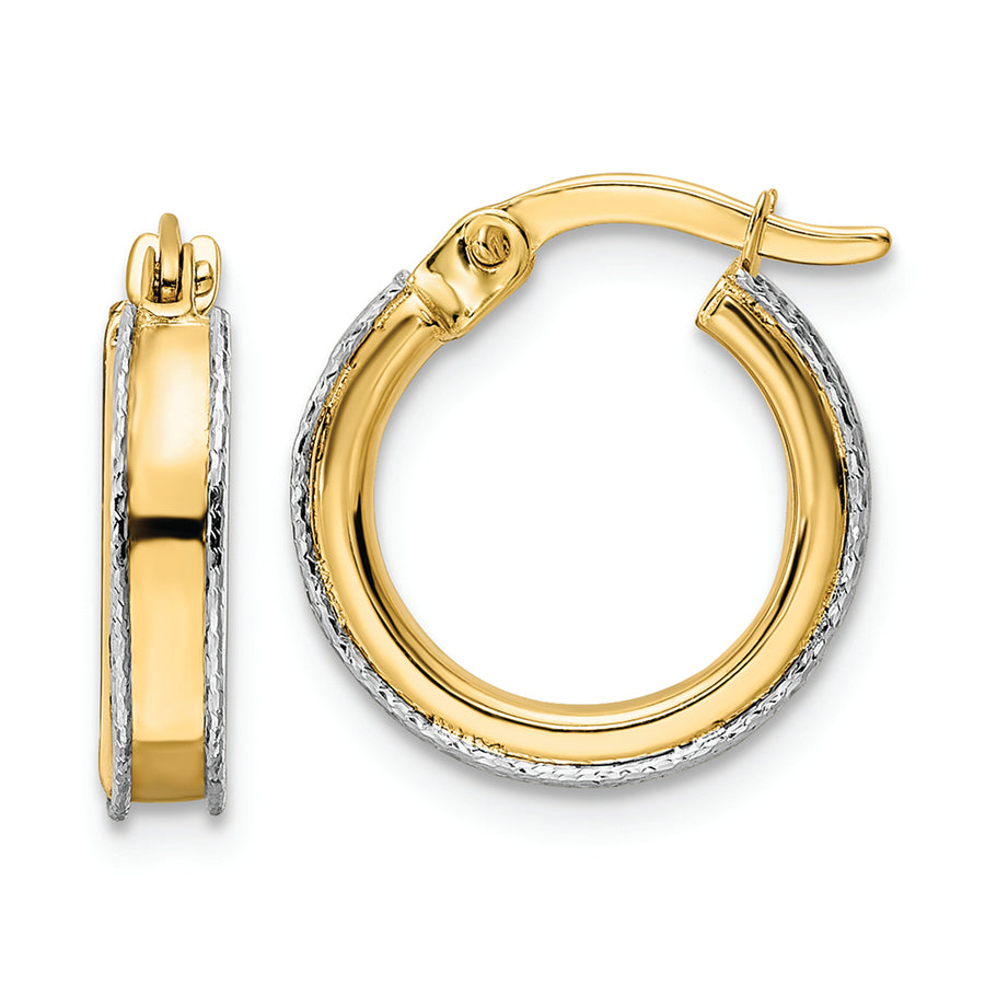 Aretes Redondos de Oro Bicolor de 14k con Borde de Corte Diamante (3x14mm)