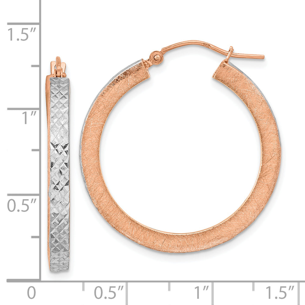 Aretes de Aro en Oro Rosa de 14k con Rodio Blanco, Acabado Pulido y Cepillado, y Textura de Corte Diamante