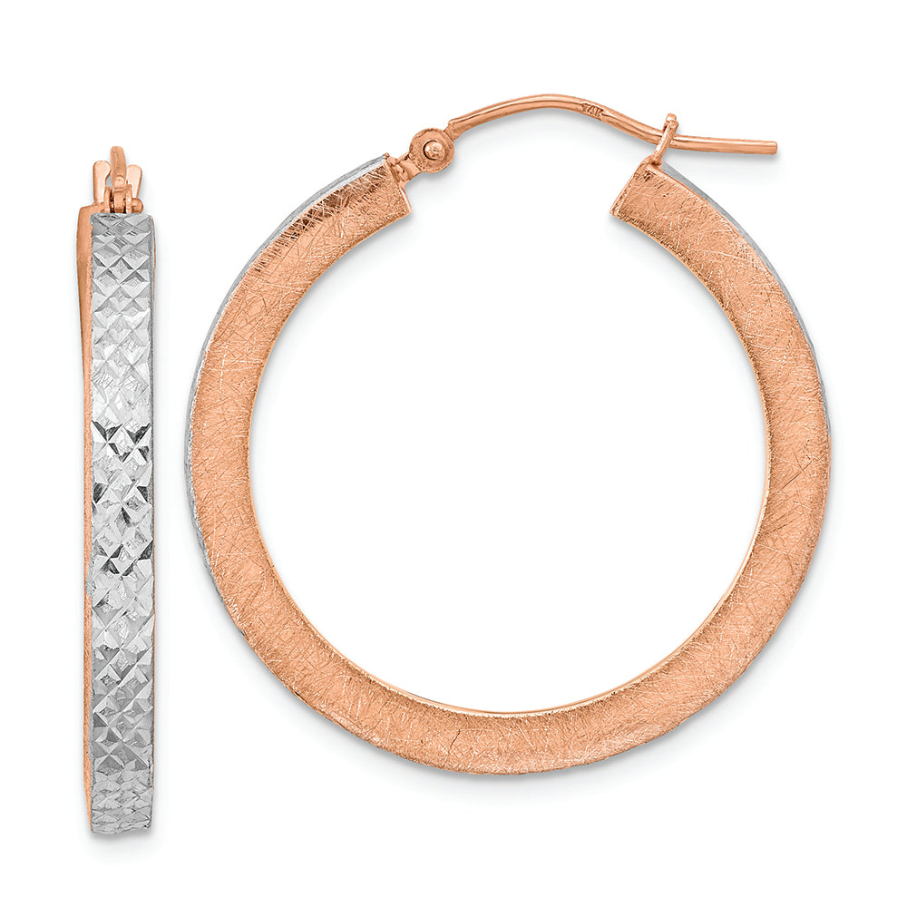 Aretes de Aro en Oro Rosa de 14k con Rodio Blanco, Acabado Pulido y Cepillado, y Textura de Corte Diamante