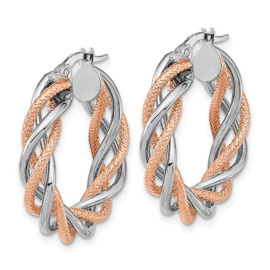 Aretes de Aro Torcidos en Oro Blanco de 14k con Rodio Rosa, Pulidos y Texturizados