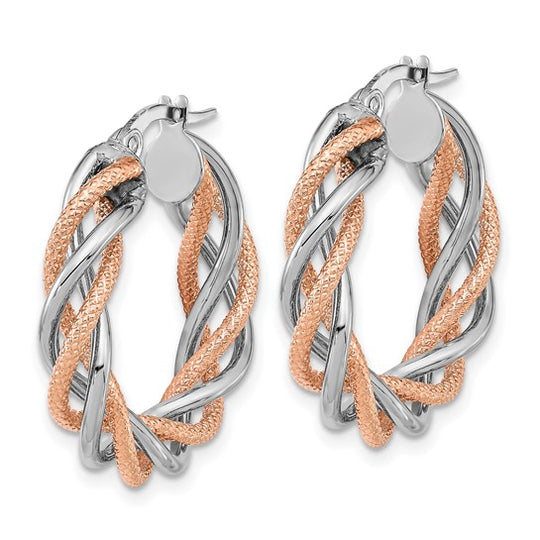 Aretes de Aro Torcidos en Oro Blanco de 14k con Rodio Rosa, Pulidos y Texturizados
