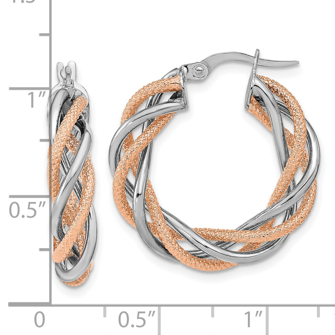 Aretes de Aro Torcidos en Oro Blanco de 14k con Rodio Rosa, Pulidos y Texturizados