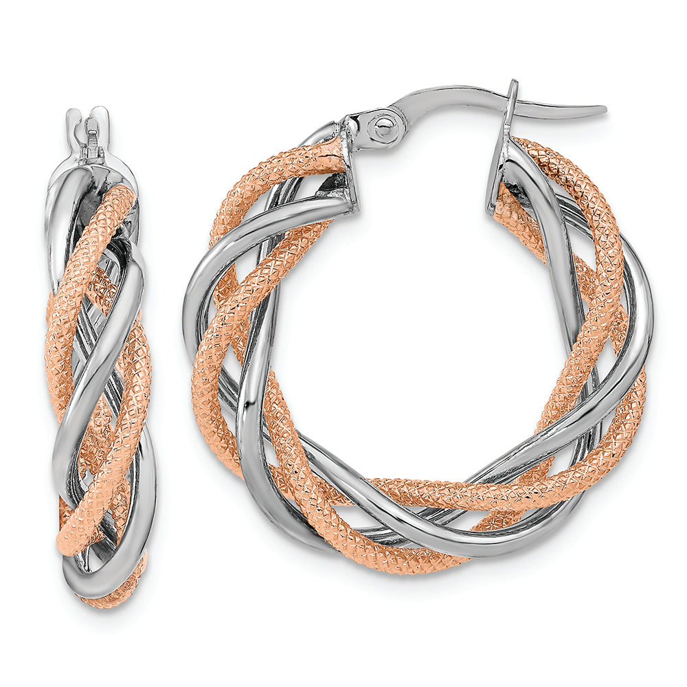 Aretes de Aro Torcidos en Oro Blanco de 14k con Rodio Rosa, Pulidos y Texturizados