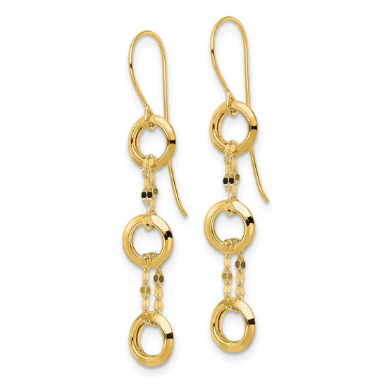 Aretes Colgantes de Tres Círculos en Oro Amarillo de 14K