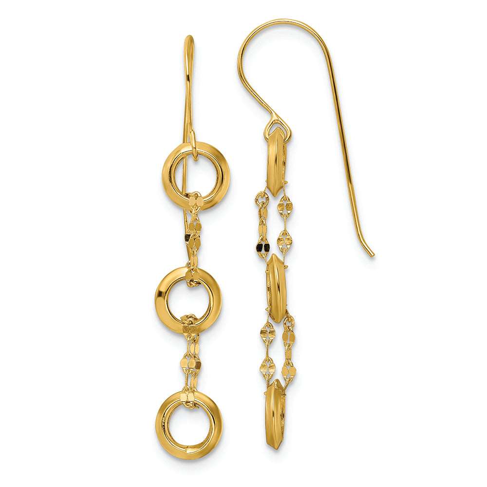Aretes Colgantes de Tres Círculos en Oro Amarillo de 14K