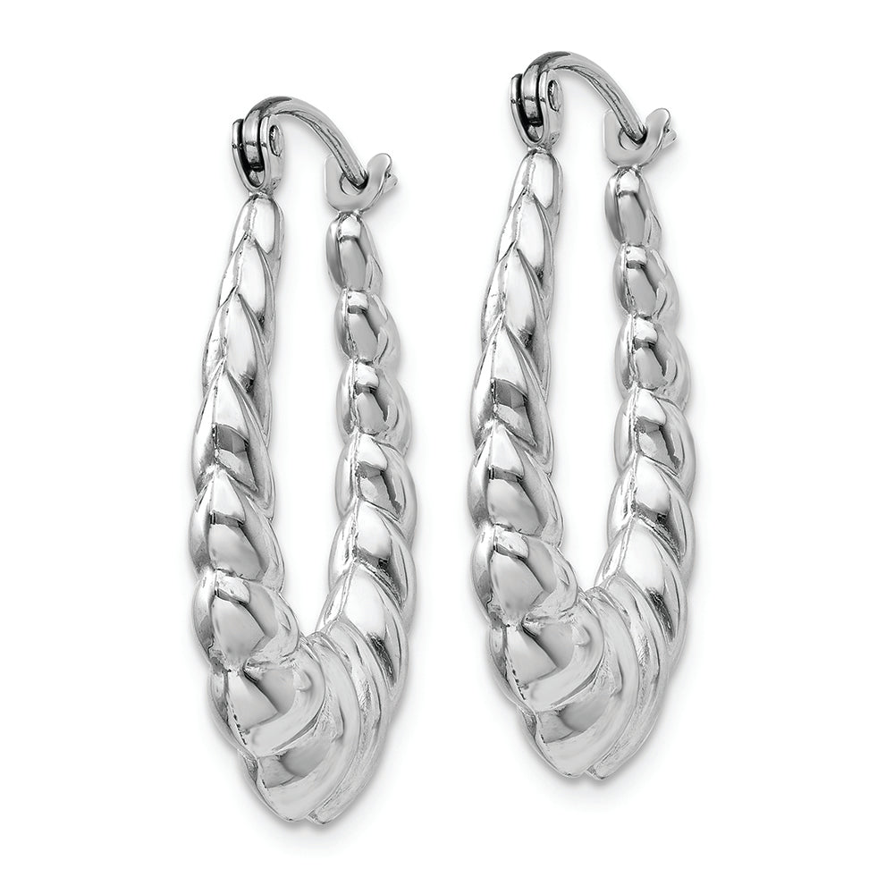 14k White Gold Polished and Textured Oval Hoops