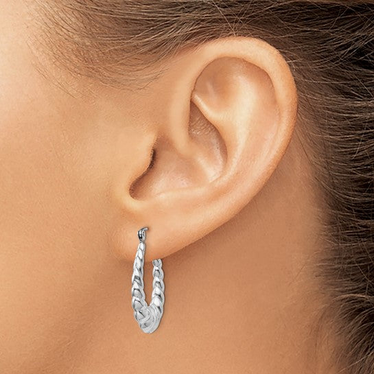 14k White Gold Polished and Textured Oval Hoops