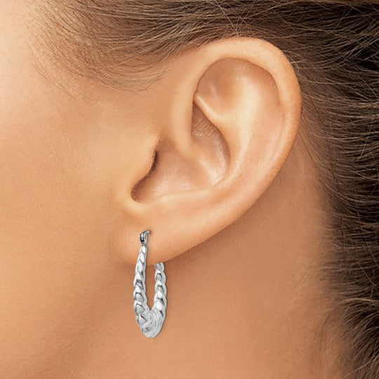14k White Gold Polished and Textured Oval Hoops