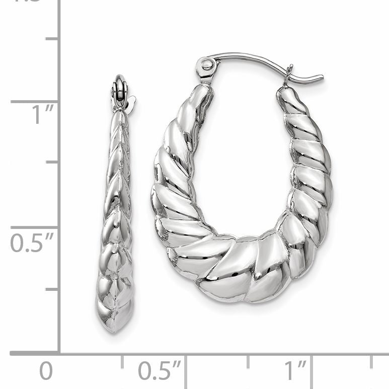 14k White Gold Polished and Textured Oval Hoops