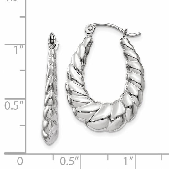 14k White Gold Polished and Textured Oval Hoops