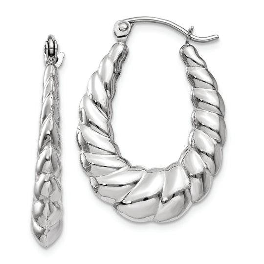 14k White Gold Polished and Textured Oval Hoops