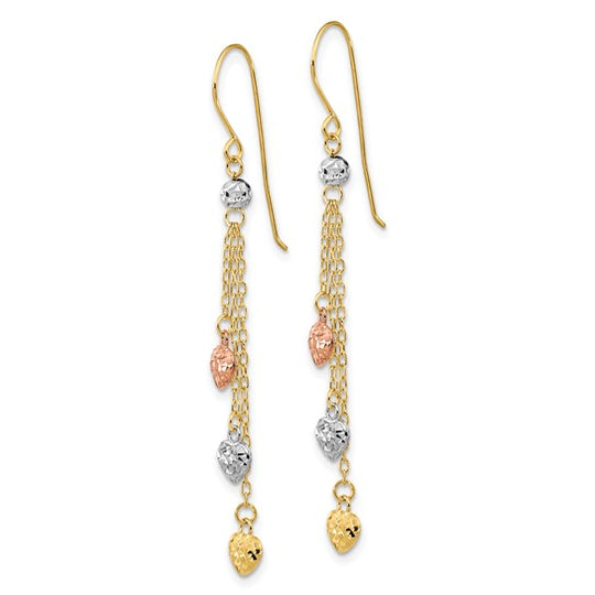 Aretes Colgantes de Triple Corazón en Oro de 14k Tricolor con Corte Diamante y Gancho Pastor