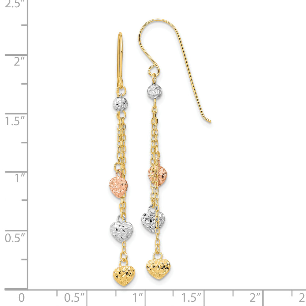 Aretes Colgantes de Triple Corazón en Oro de 14k Tricolor con Corte Diamante y Gancho Pastor