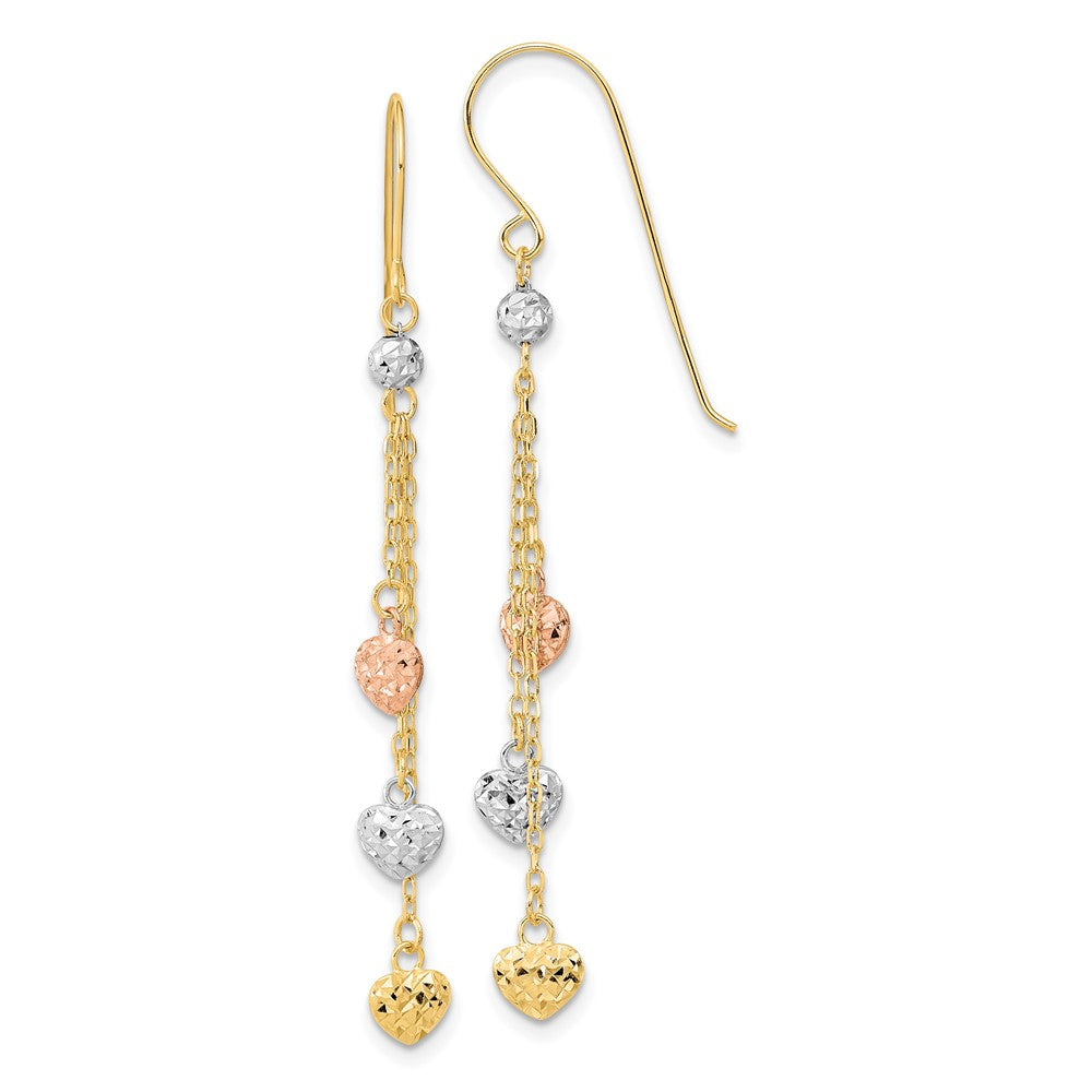 Aretes Colgantes de Triple Corazón en Oro de 14k Tricolor con Corte Diamante y Gancho Pastor