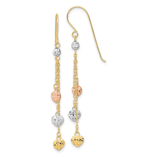Aretes Colgantes de Triple Corazón en Oro de 14k Tricolor con Corte Diamante y Gancho Pastor