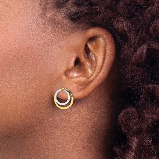 Pendientes Frontales y Posteriores en Forma de Círculo Bicolor de Oro de 14k
