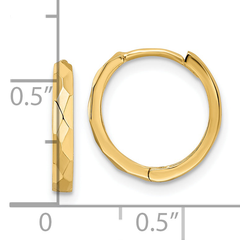 14k Yellow Gold Hinged Hoop Earrings, Polished Faceted, 2x14mm