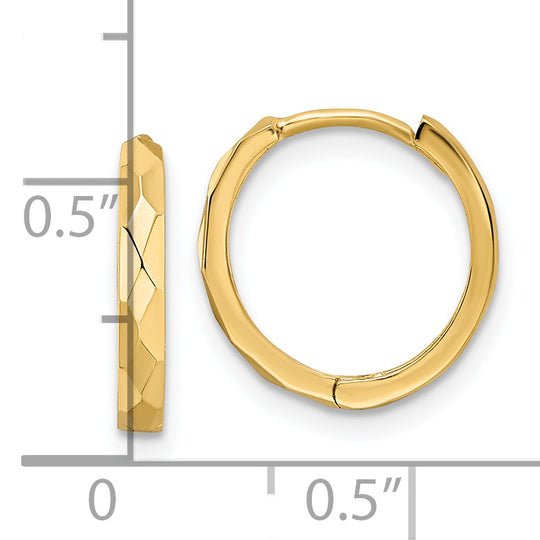 14k Yellow Gold Hinged Hoop Earrings, Polished Faceted, 2x14mm