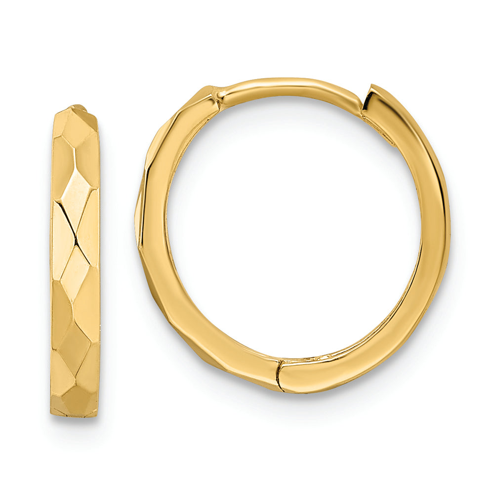 14k Yellow Gold Hinged Hoop Earrings, Polished Faceted, 2x14mm