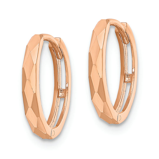 14k Rose Gold Hinged Hoop Earrings, Polished Faceted, 2x14mm