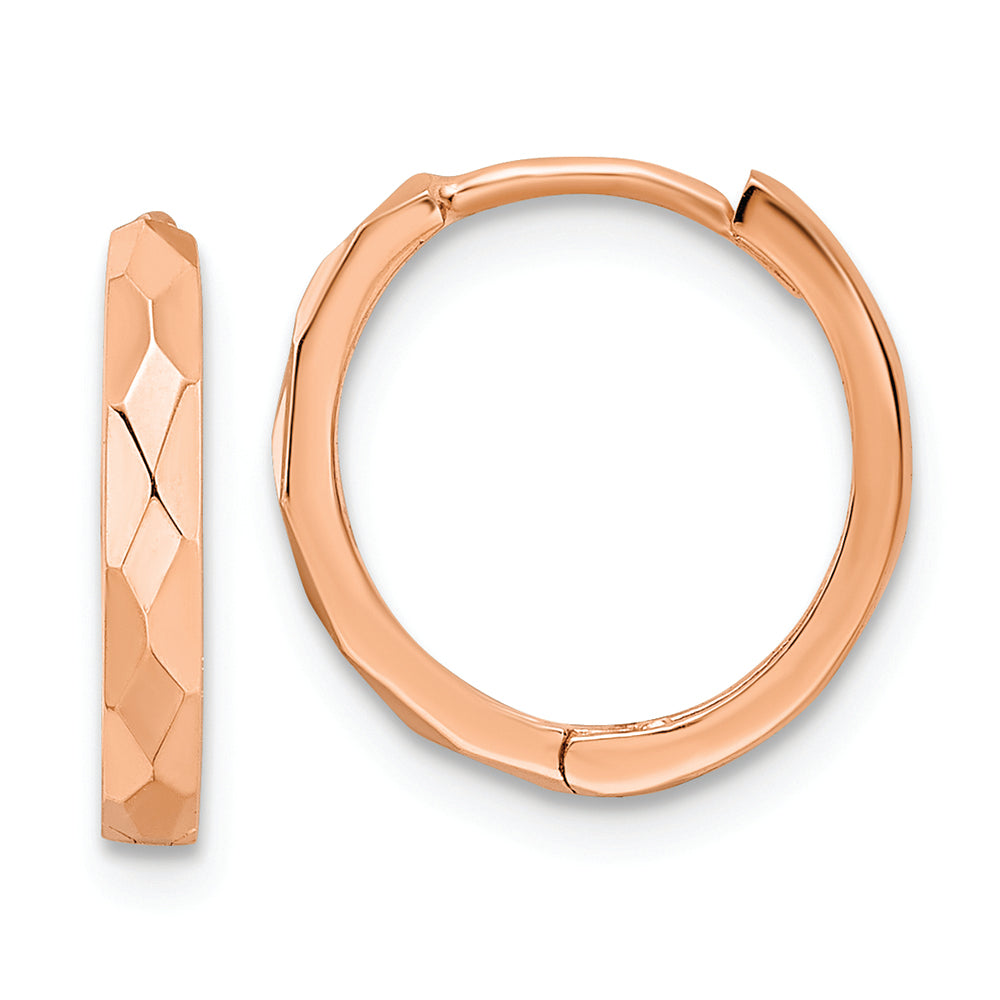 14k Rose Gold Hinged Hoop Earrings, Polished Faceted, 2x14mm
