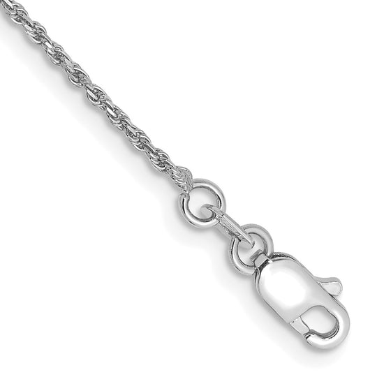 Tobillera de Oro Blanco de 14K con Cadena de Cuerda de 10 Pulgadas y Cierre de Langosta (1.15 mm) - Corte Diamante