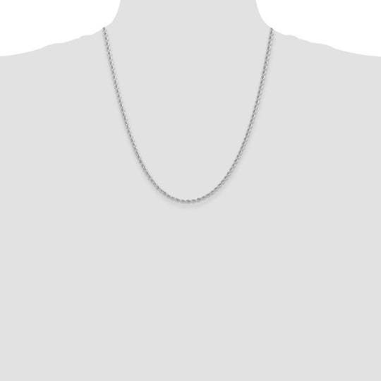 14K White Gold Chain – 22 inches, 2.75 mm, Rhodium Plated Rope Style with Lobster Clasp