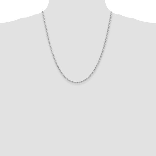Cadena de Oro Blanco de 14K – 22 pulgadas, 2.75 mm, Estilo Cuerda con Baño de Rodio y Cierre de Langosta