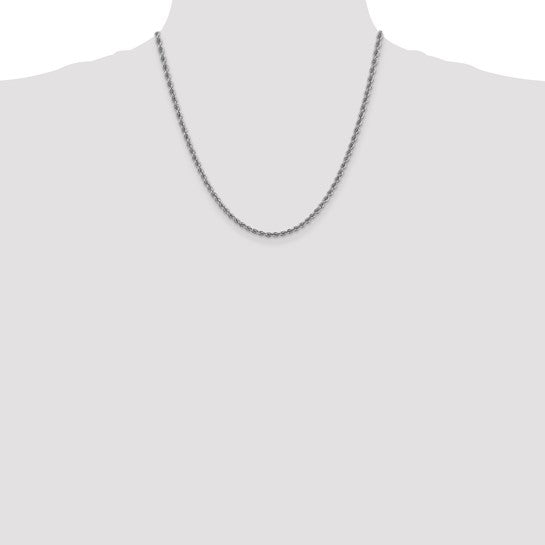 Cadena de Cuerda Regular en Oro Blanco de 14K – 3 mm, 20 Pulgadas, con Broche Langosta