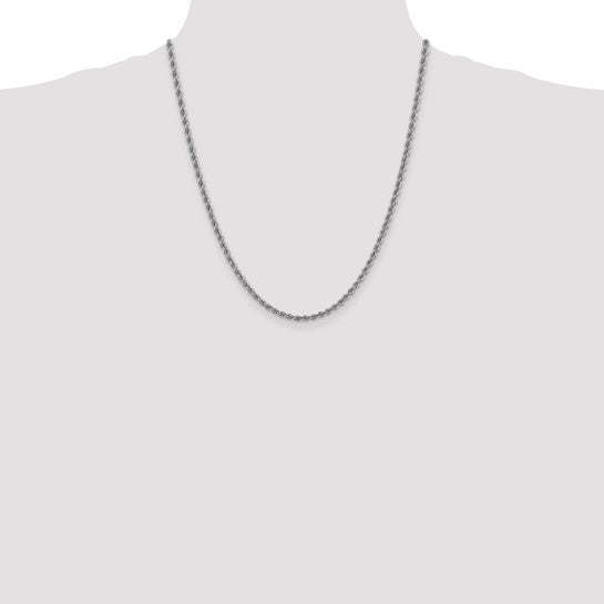 Cadena de Cuerda 14K Oro Blanco 22 Pulgadas 3mm con Broche Langosta y Baño de Rodio