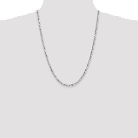 Cadena de Cuerda de Oro Blanco de 14K – 24 Pulgadas y 4 mm con Cierre de Langosta