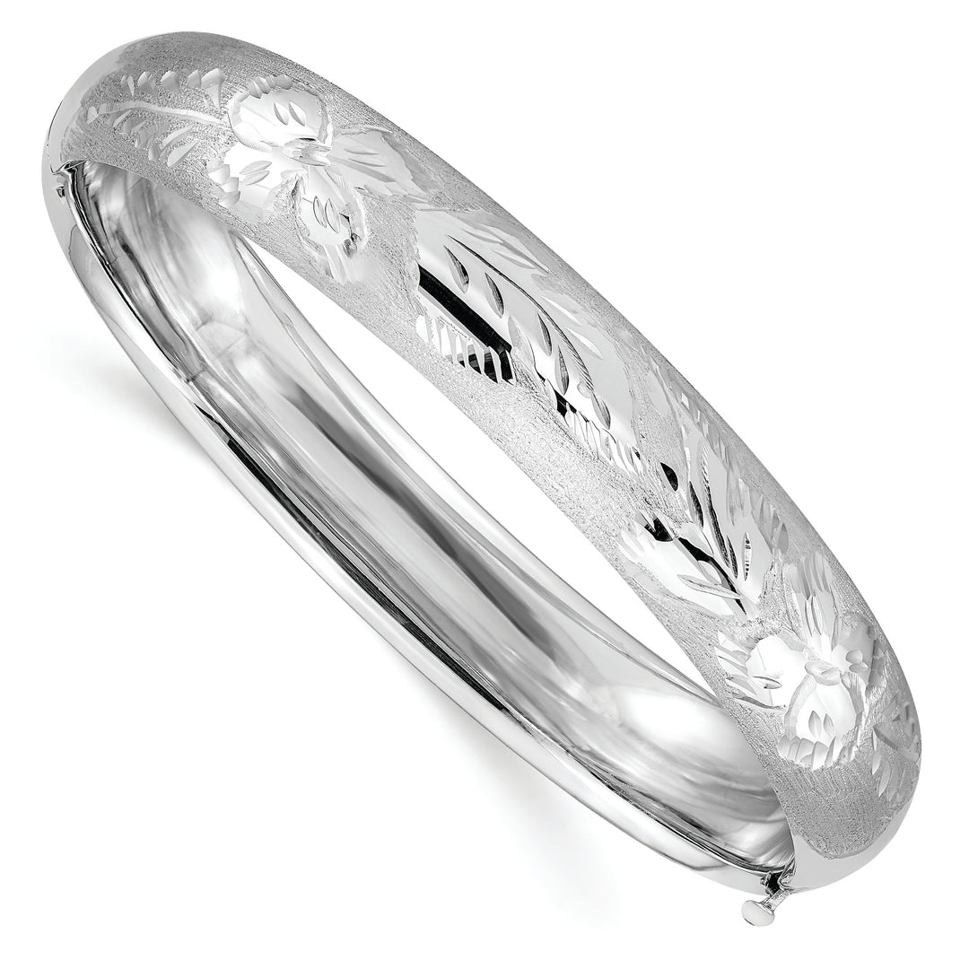 14K White Gold Round Rigid Bracelet with Florentine Engraving – Hinge and Safety Bar
