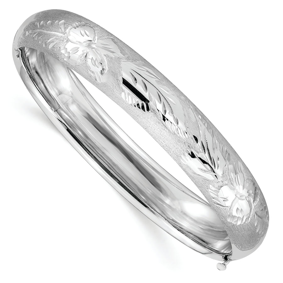  Brazalete Rígido Redondo de Oro Blanco 14K con Grabado Florentino – Bisagra y Barra de Seguridad