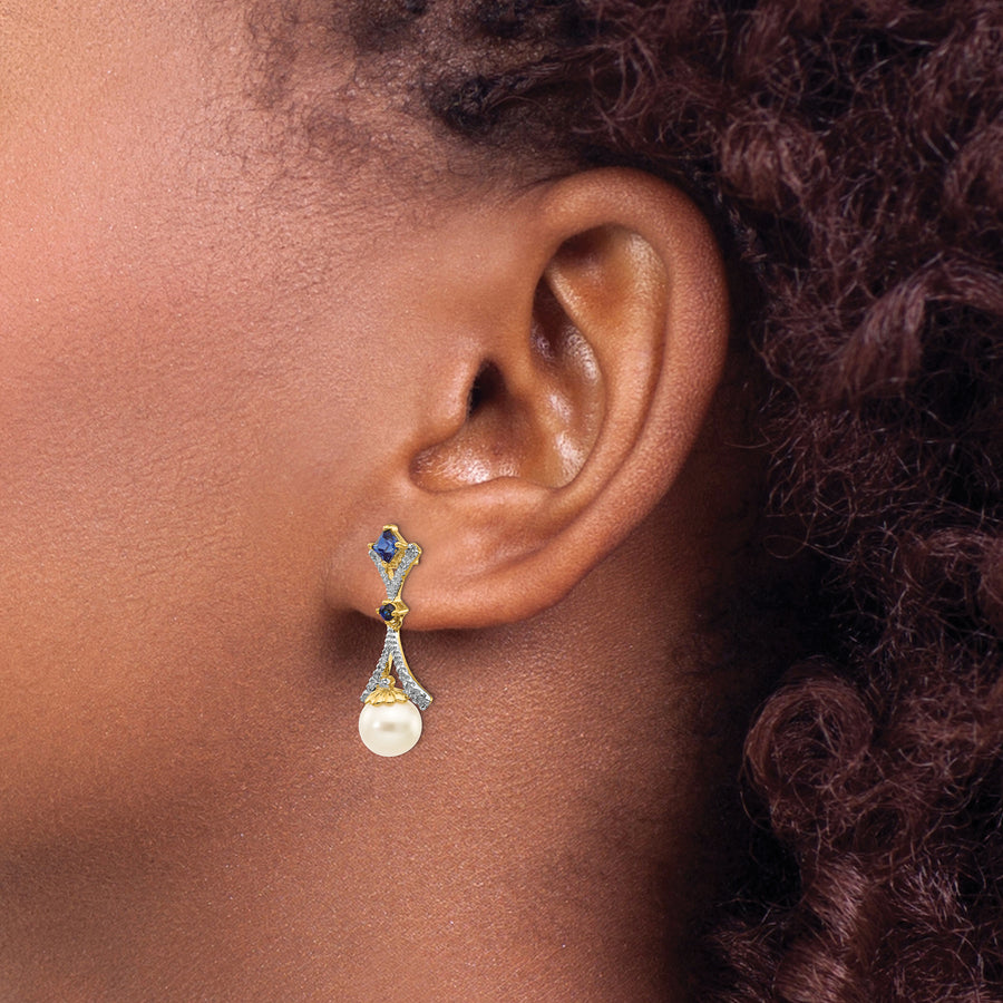 Pendientes Colgantes con Perla FWC de 7-8 mm, Zafiro Creado y Diamantes en Oro Amarillo 14K