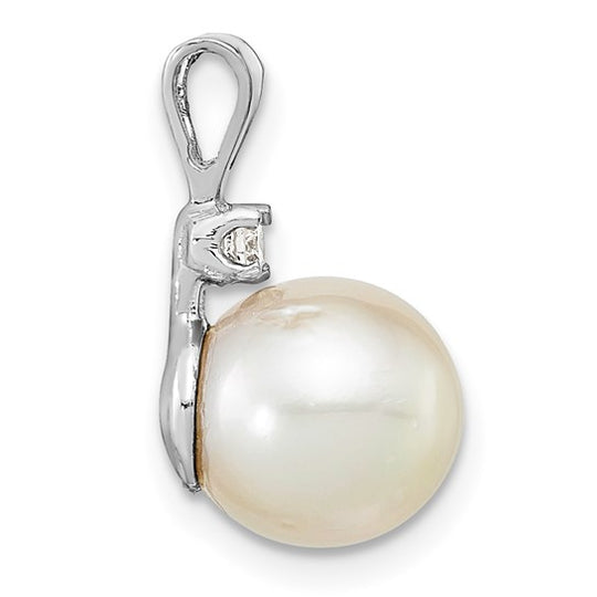 14K White Gold Pendant with 9-10mm Round South Sea Pearl and 0.05 Carat Diamond