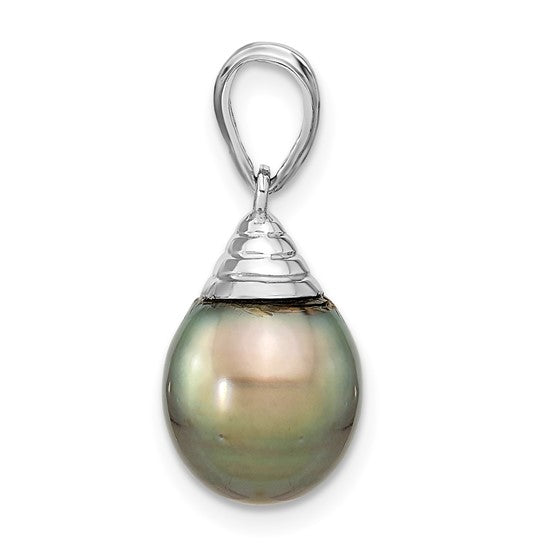 9-10mm Black Teardrop Tahitian Saltwater Cultured Pearl Pendant in 14K White Gold