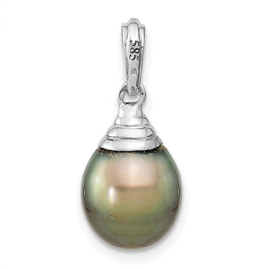 9-10mm Black Teardrop Tahitian Saltwater Cultured Pearl Pendant in 14K White Gold