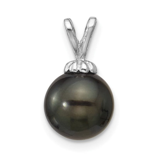 8-9mm Round Black Tahitian Cultured Saltwater Pearl Pendant in 14k White Gold