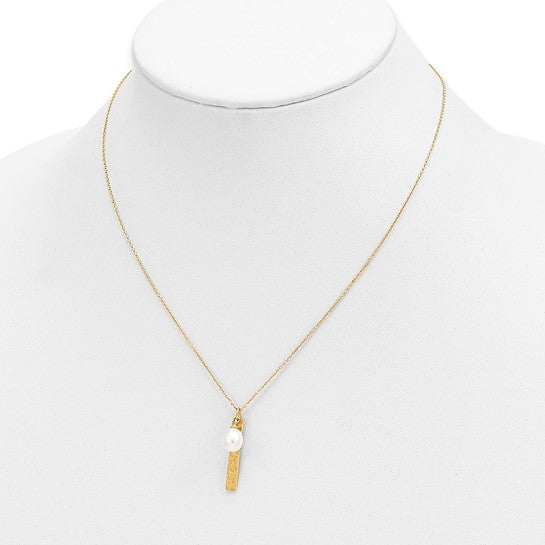 6-7mm Freshwater Pearl Necklace in 14K Yellow Gold with Brushed and Hammered Finish