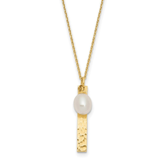 6-7mm Freshwater Pearl Necklace in 14K Yellow Gold with Brushed and Hammered Finish