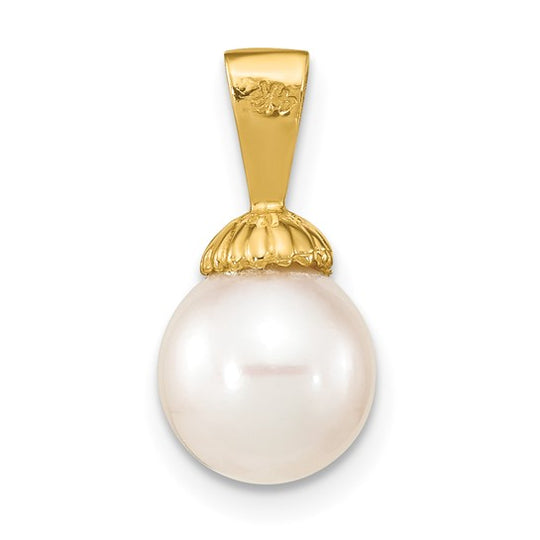 8-9mm Round White Freshwater Pearl Pendant in 14k Yellow Gold