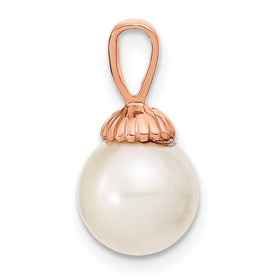 8-9mm Round White Cultured Freshwater Pearl Pendant in 14k Rose Gold