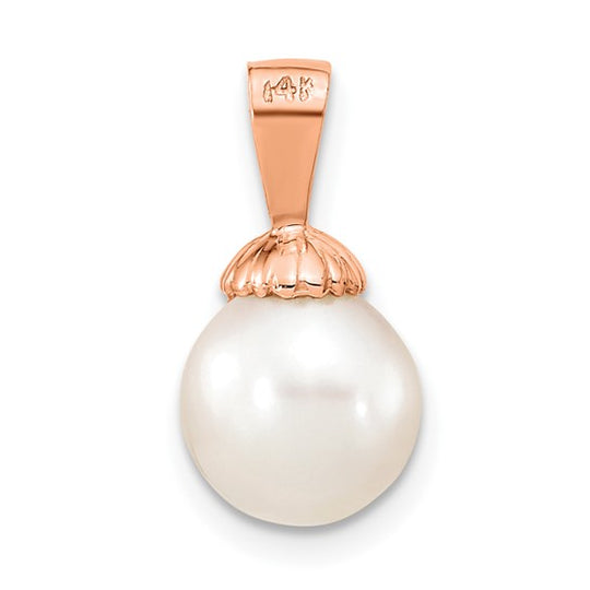 8-9mm Round White Cultured Freshwater Pearl Pendant in 14k Rose Gold